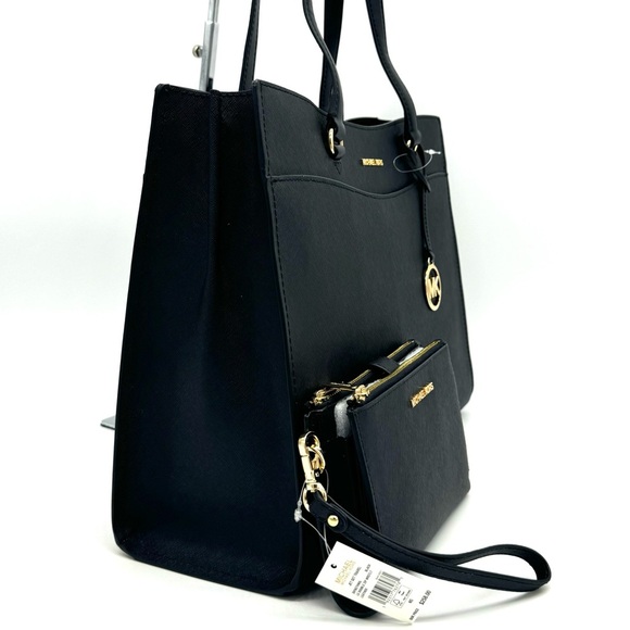 Michael Kors Large MF Pocket Shoulder Tote Bag & Double Zip Wallet Black/Gold - Picture 4 of 16